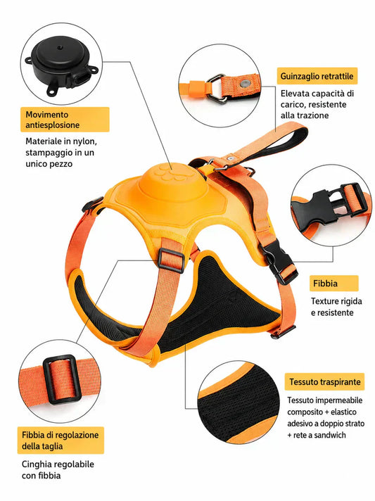 Pettorina e Guinzaglio Retrattile 2-in-1 Anti-Fuga per Cani
